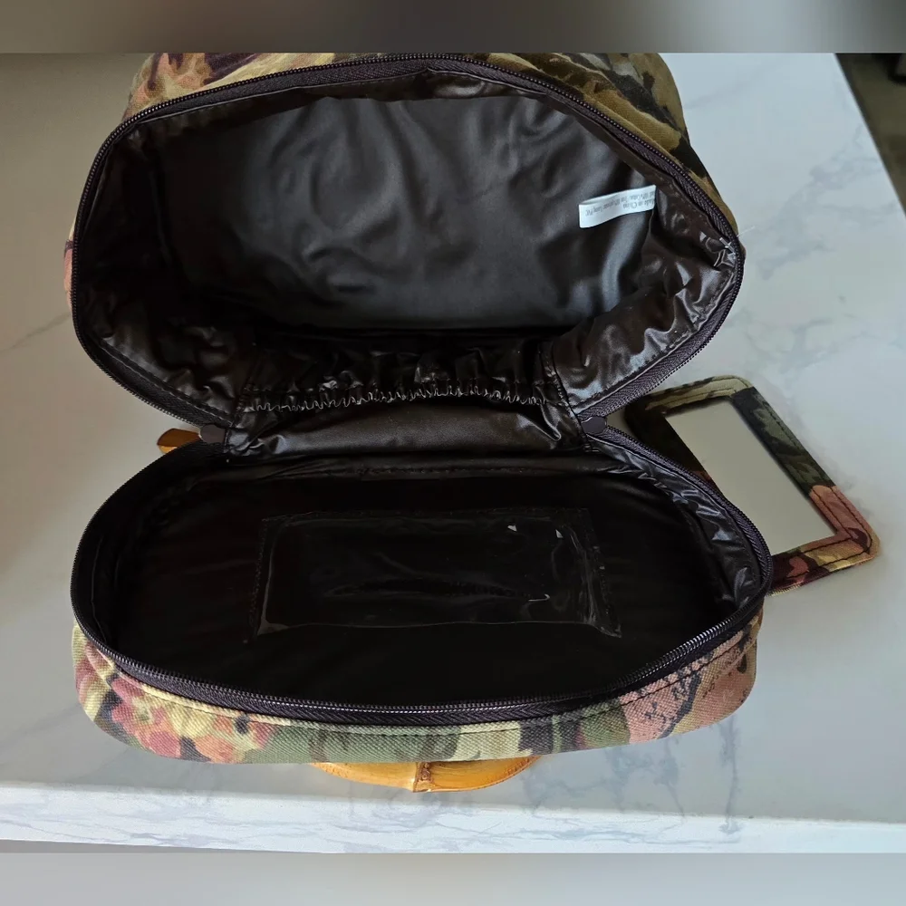 Vtg Avon Autumn Rose Floral‎ Houndstooth Canvas Bamboo Makeup Bag Accessory Set